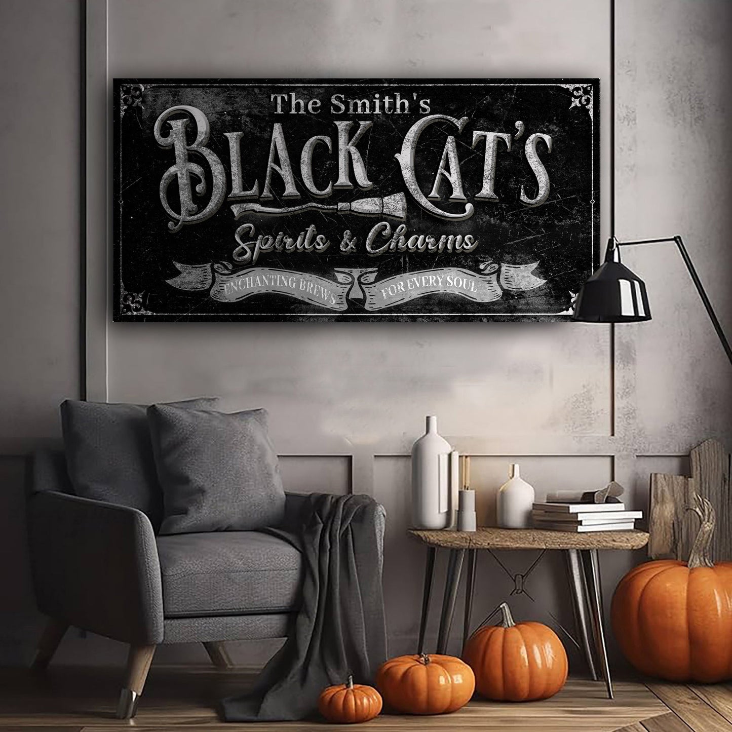 Black Cat's Spirits and Charms Bar Halloween Canvas Wall Art