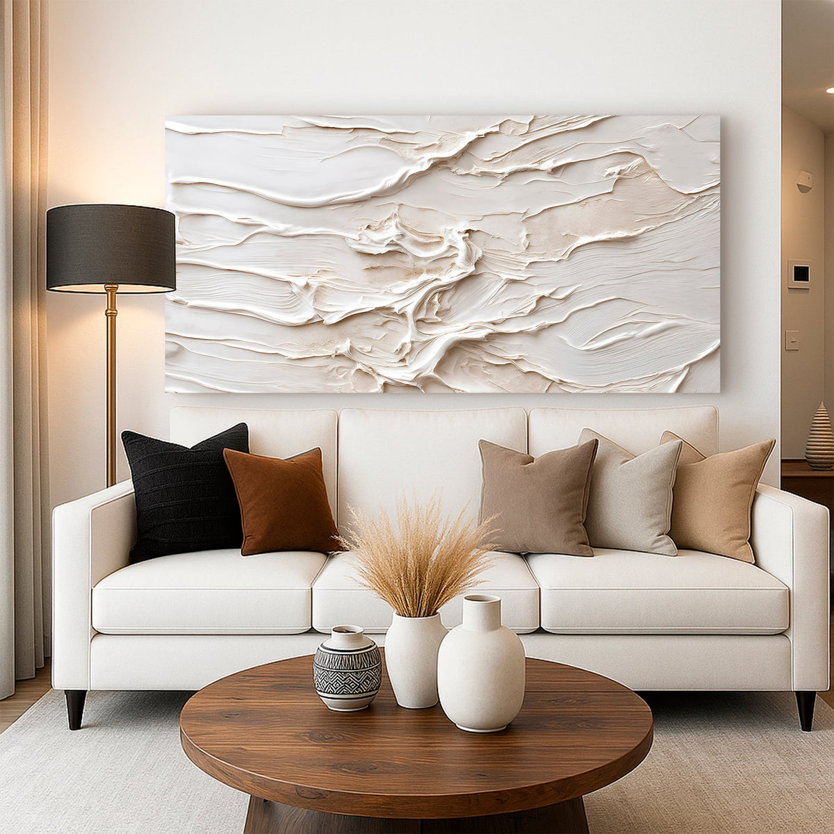 Chalk White Layered Abstract canvas shown in a styled room setting, view 3