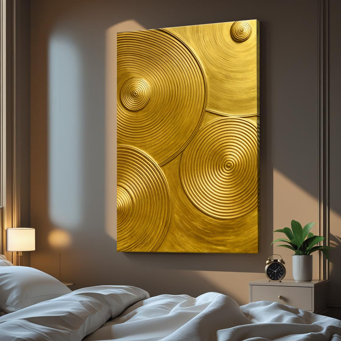 Gold symphony abstract canvas wall art with flowing golden forms on dark background