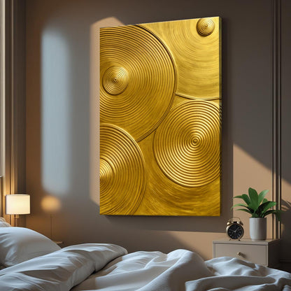 Gold symphony abstract canvas wall art with flowing golden forms on dark background