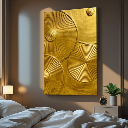 Gold symphony abstract canvas wall art with flowing golden forms on dark background