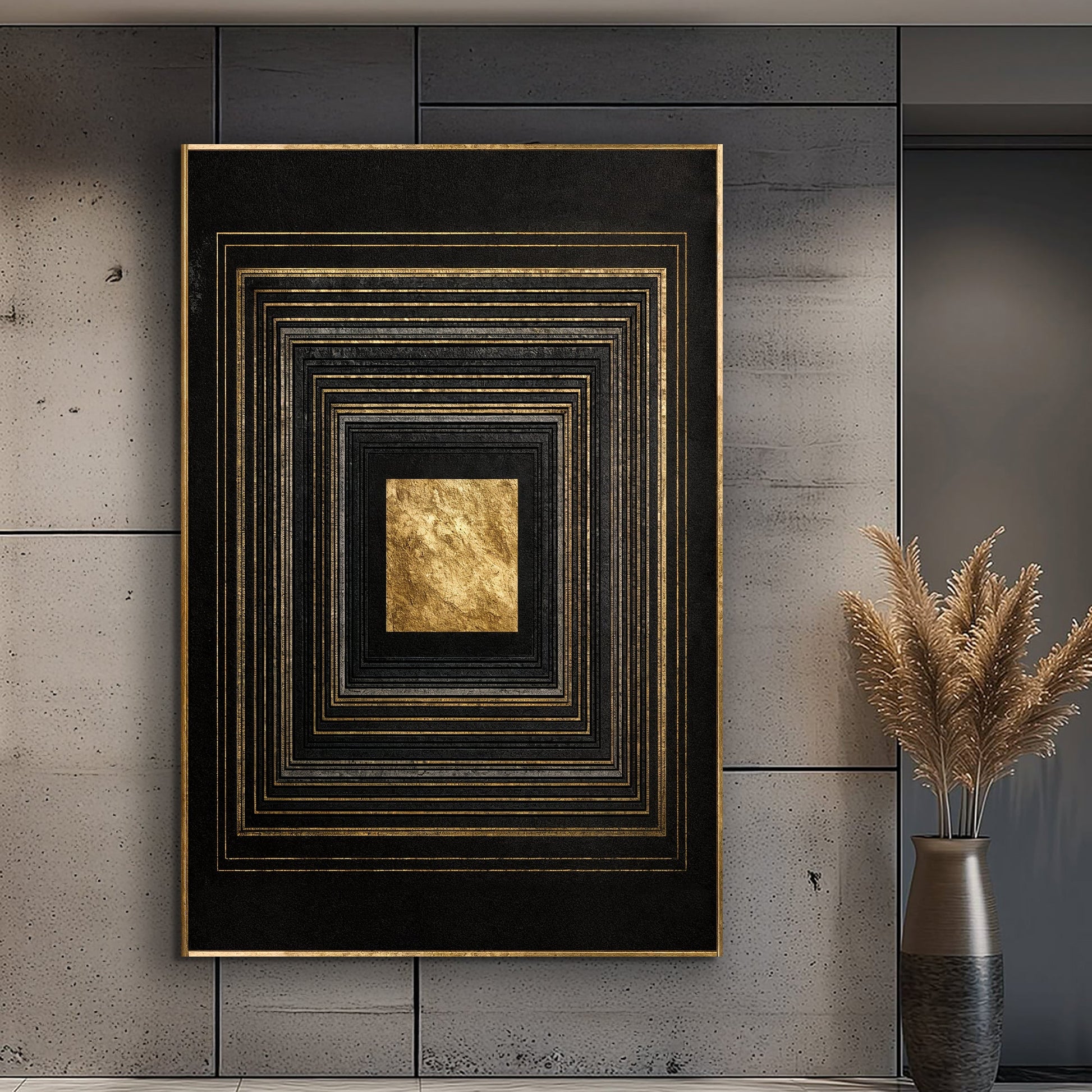 Black and gold core abstract canvas wall art with glowing focal center
