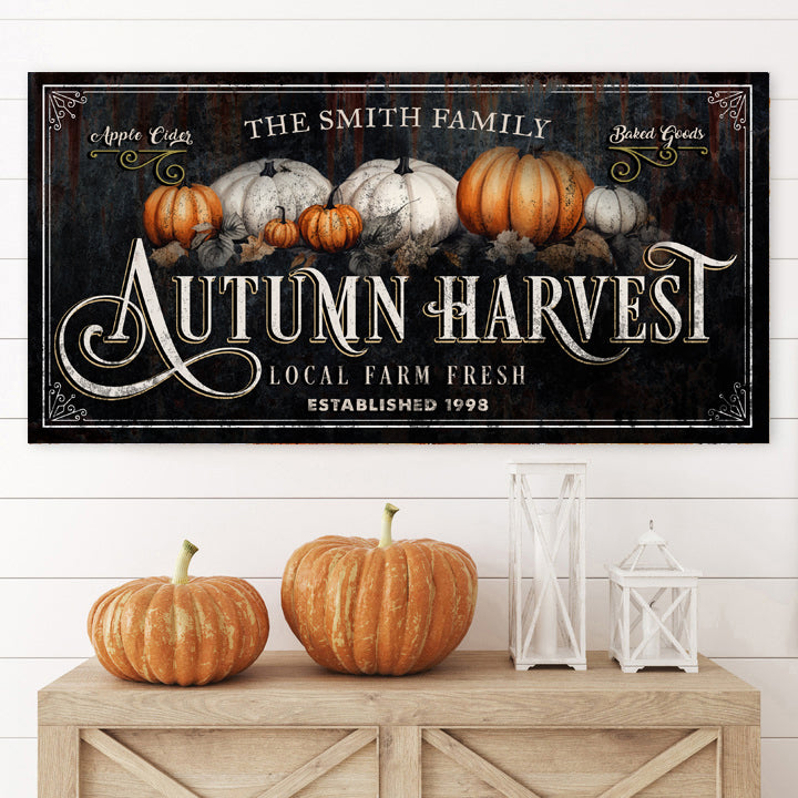 Family autumn harvest Thanksgiving canvas wall art sign with warm seasonal typography
