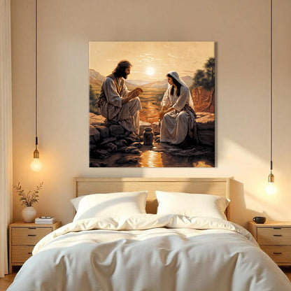 Woman at the Well at Amber Sunset canvas shown in a styled room setting, view 3