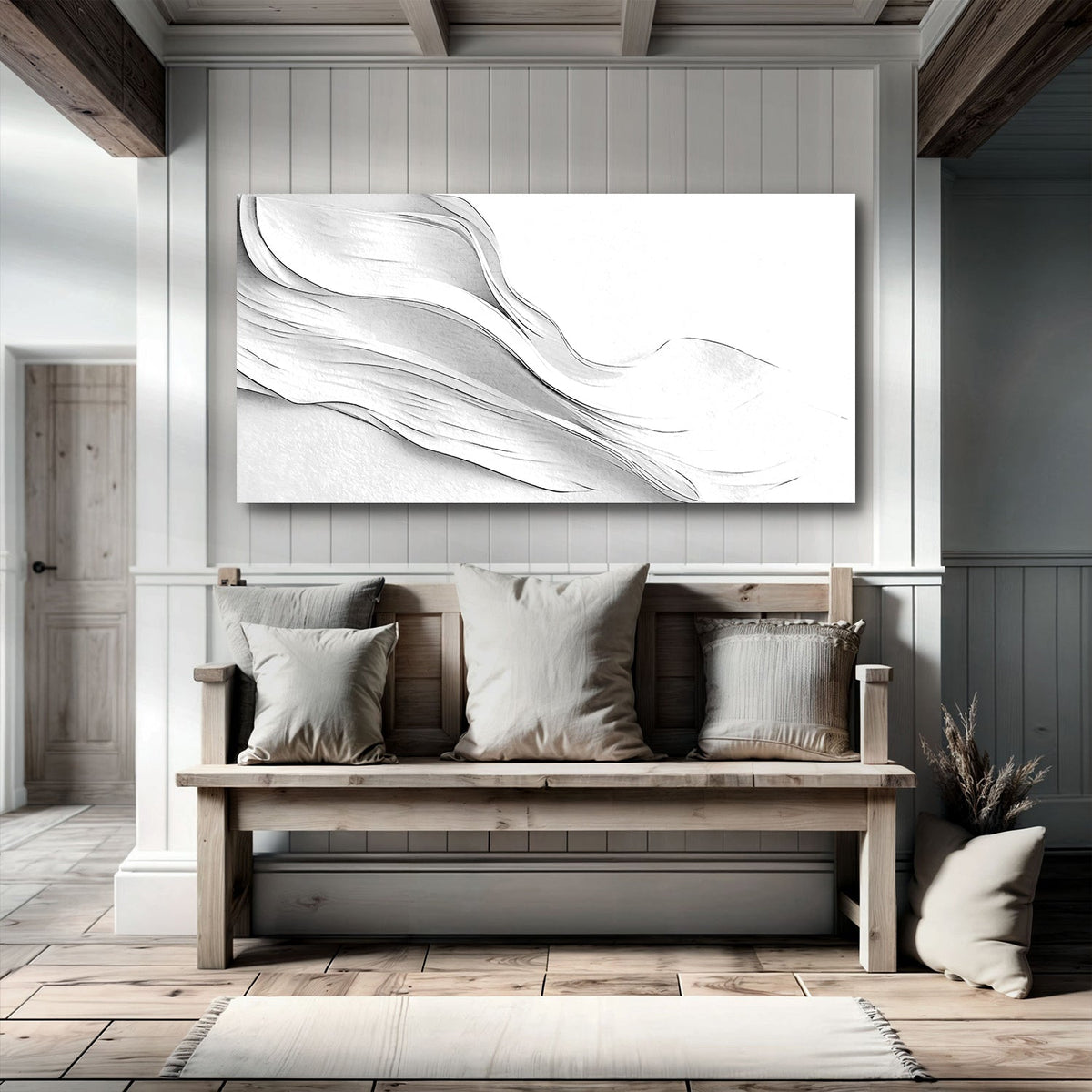 White-on-White Swirl Minimalist Abstract canvas shown in a styled room setting, view 3