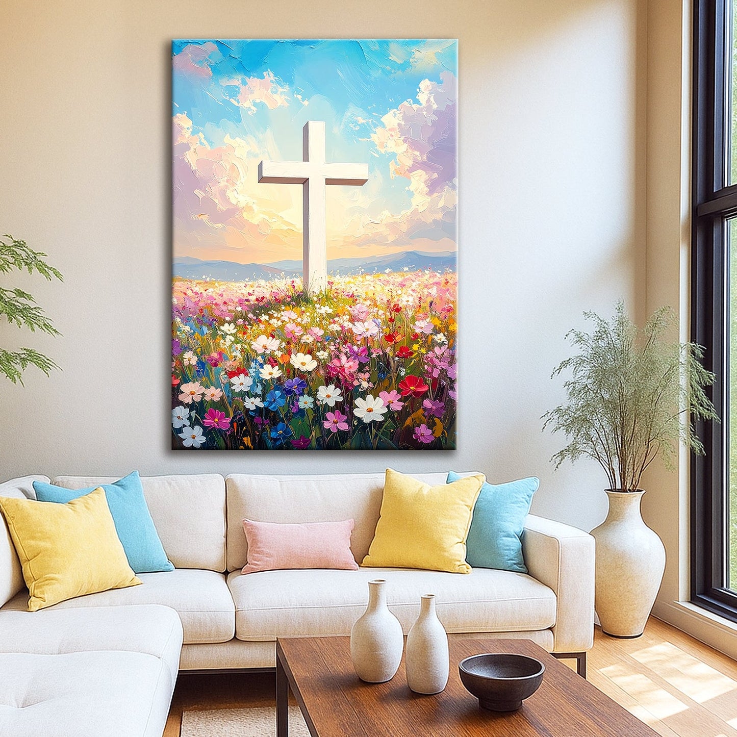 Cross Floral Field Faith Canvas Wall Art