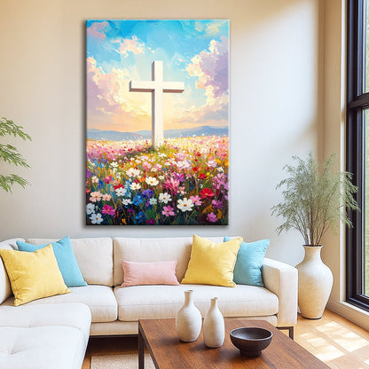 Cross Floral Field Faith Canvas Wall Art
