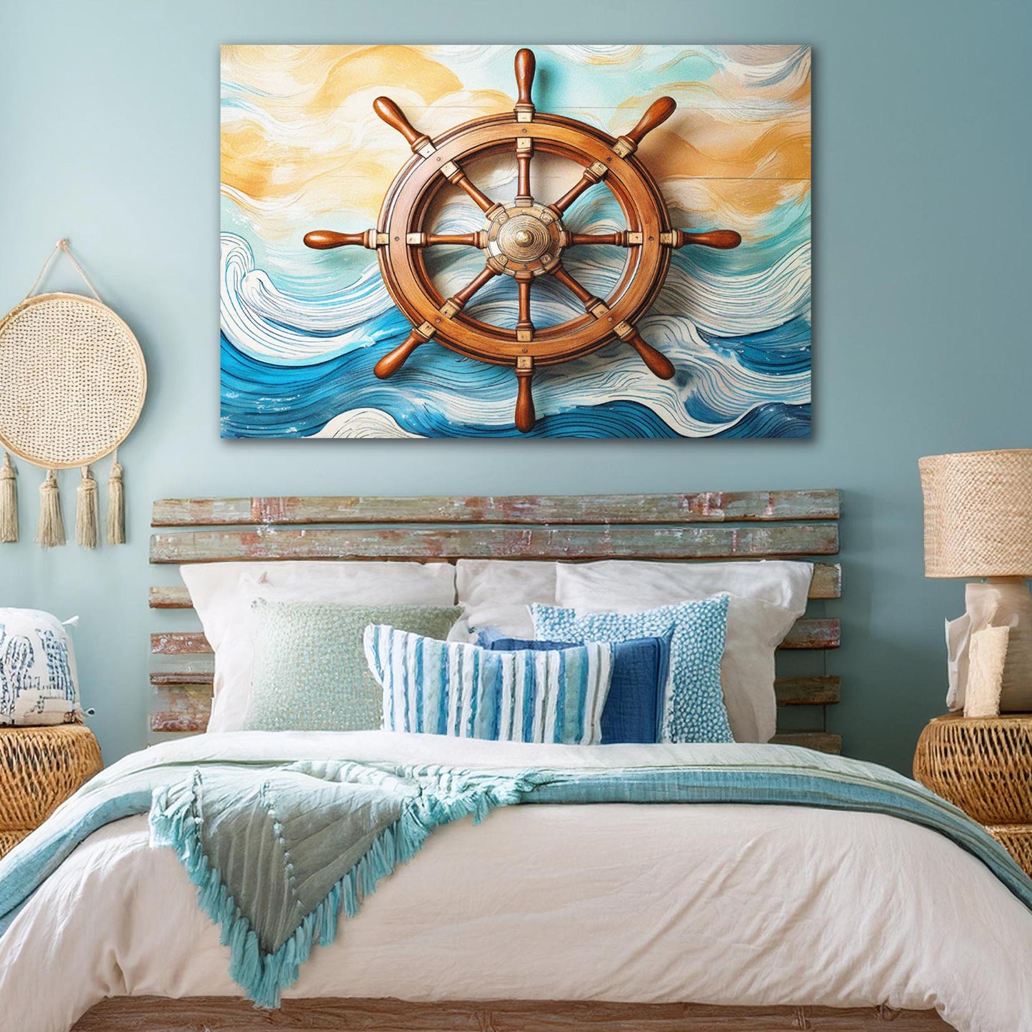 Sailboat and Ship Wheel Coastal Canvas Wall Art II