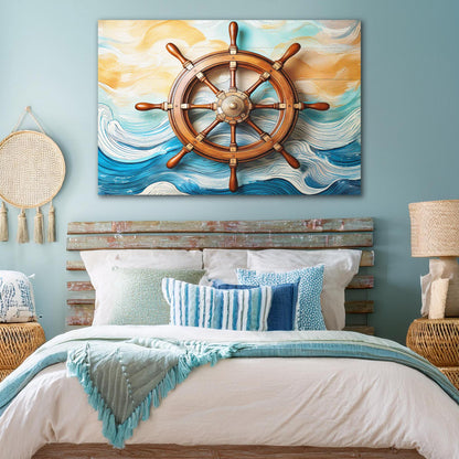 Sailboat and Ship Wheel Coastal Canvas Wall Art II