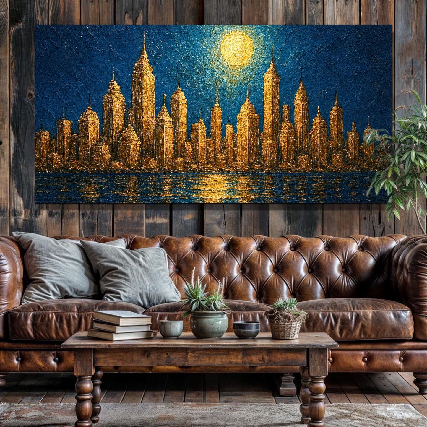 Golden Metropolis Cityscape Impasto Canvas Wall Art