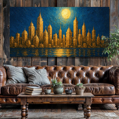 Golden Metropolis Cityscape Impasto Canvas Wall Art