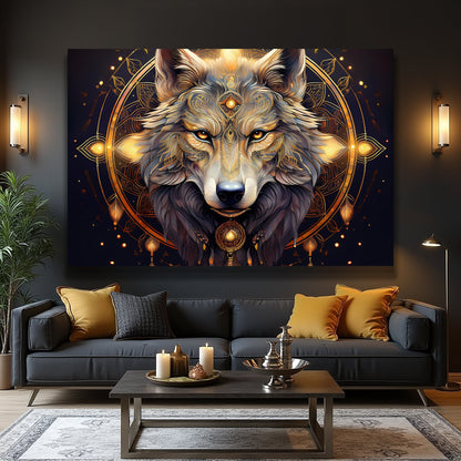Golden Wolf Head in a Glowing Circle on Navy canvas shown in a styled room setting, view 3