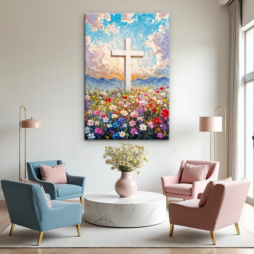 Cross Floral Field Faith Canvas Wall Art II