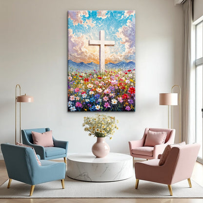 Cross Over Colorful Wildflower Meadow Sunrise canvas shown in a styled room setting, view 3