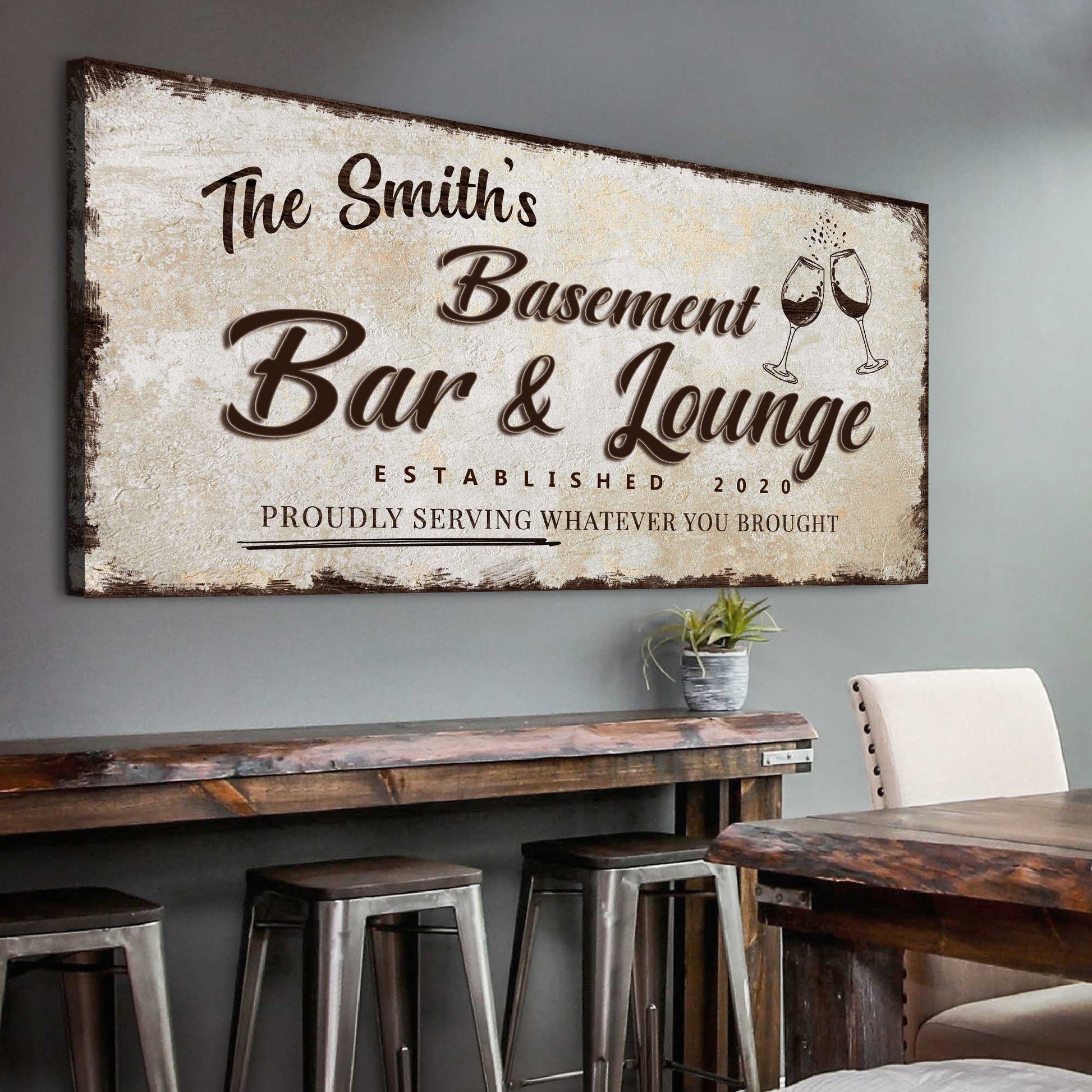 Personalized basement bar and lounge canvas sign with custom name in rustic lettering