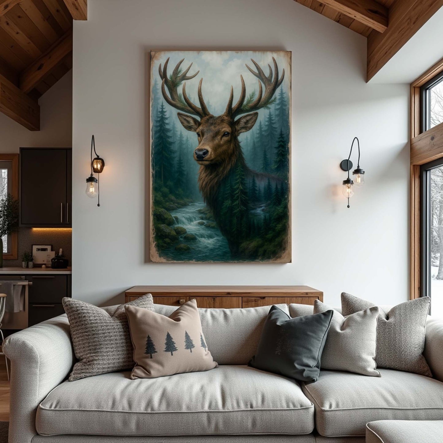 Misty Stag Double Exposure Canvas Wall Art