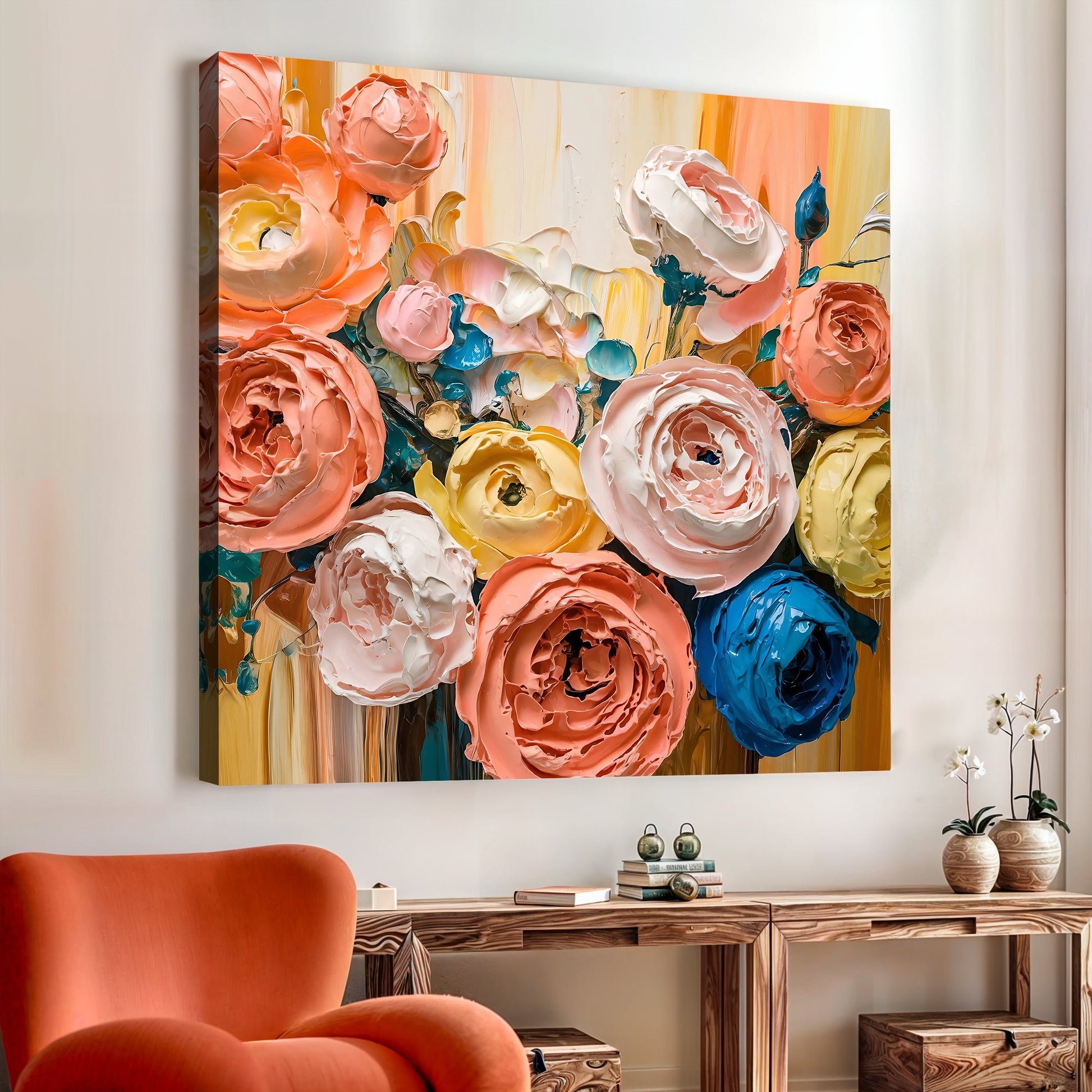 Blooming bouquet floral canvas wall art with vibrant garden flowers botanical art