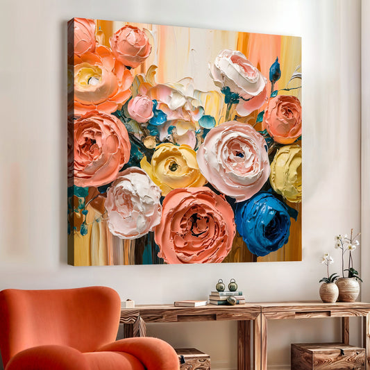 Blooming bouquet floral canvas wall art with vibrant garden flowers botanical art