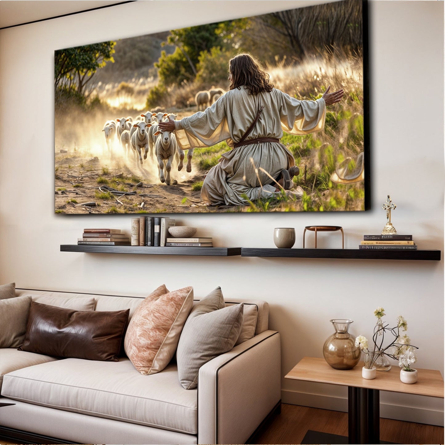 Christian Wall Canvas Jesus Protects Sheep from Wolves