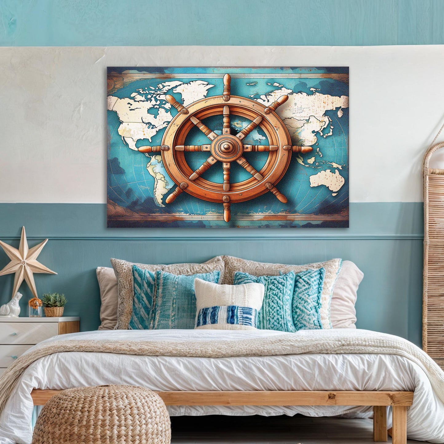 Sailboat and Ship Wheel Coastal Canvas Wall Art