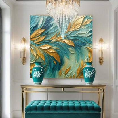 Teal and Gold Feather Leaves canvas shown in a styled room setting, view 3