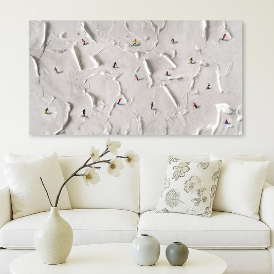 Tiny Skiers on a White Snow Slope canvas shown in a styled room setting, view 2