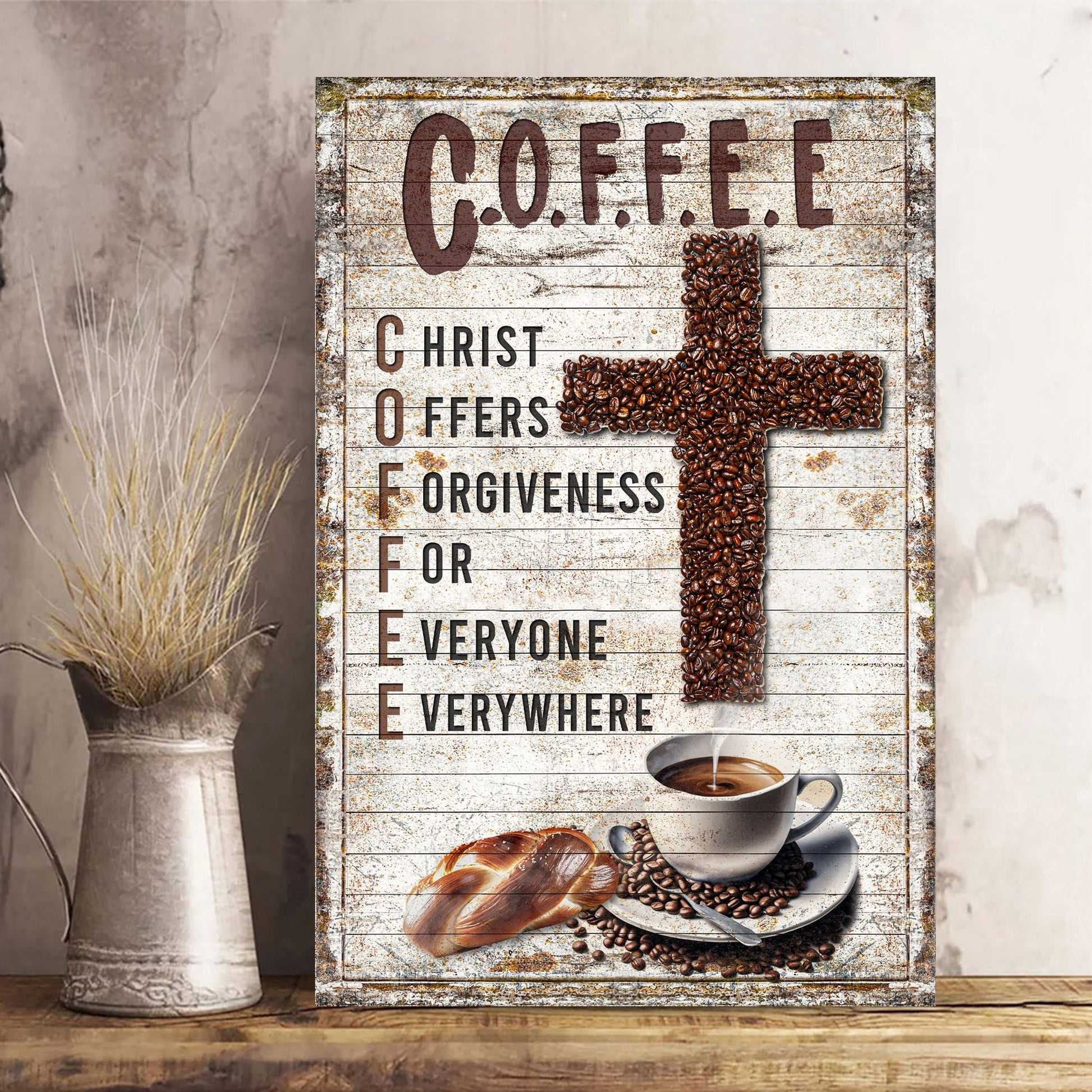 Christ and Coffee faith sign canvas wall art with warm uplifting faith message