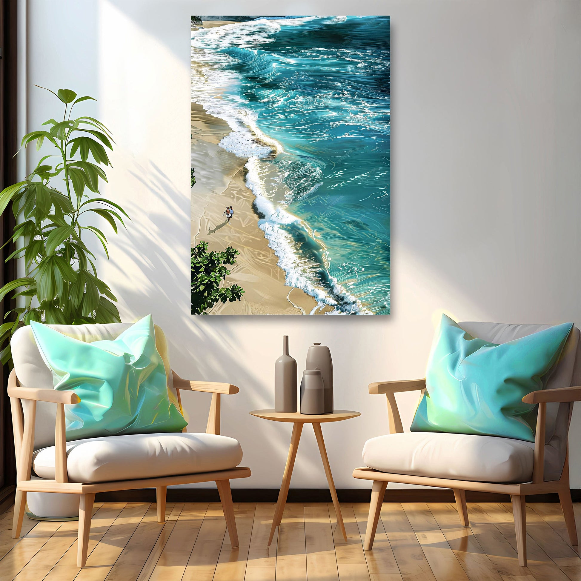 Sandy beachfront coastal painting with wide ocean horizon — canvas wall art