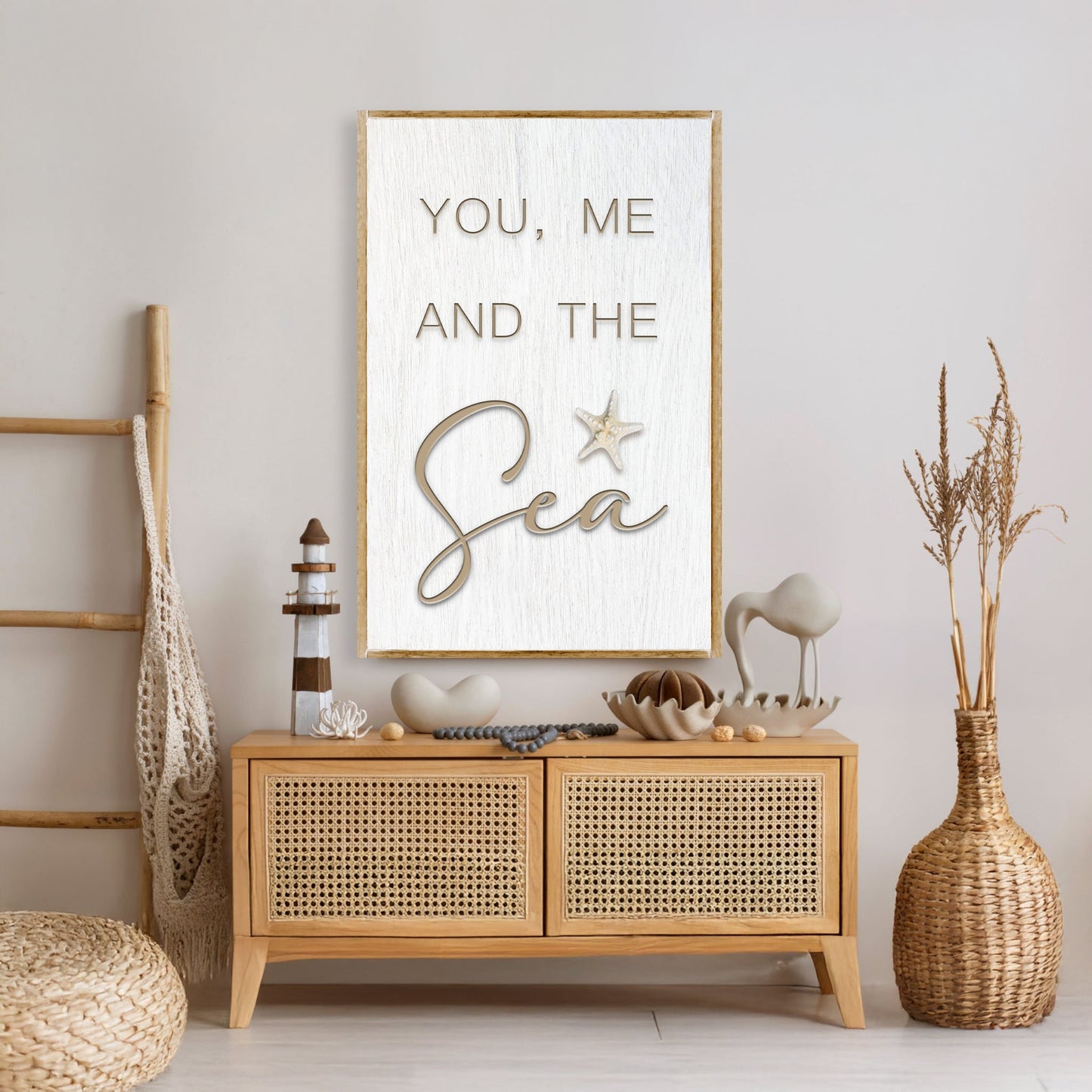 You Me and the Sea nautical canvas wall art for beach house bedroom and living room