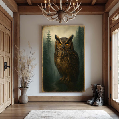 Horned Owl in a Misty Pine Forest canvas shown in a styled room setting, view 4