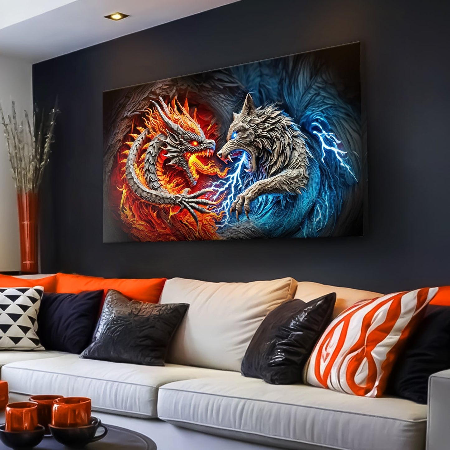 3D Dragon and Wolf Canvas Wall Art II
