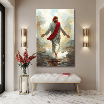 Jesus Walking on Water Red Sash Open Arms canvas shown in a styled room setting, view 5