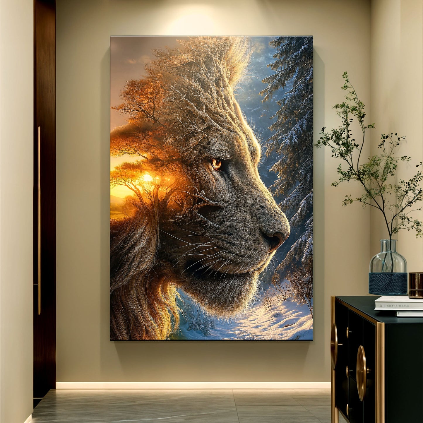 Lion Winter Summer Surrealism Canvas Wall Art