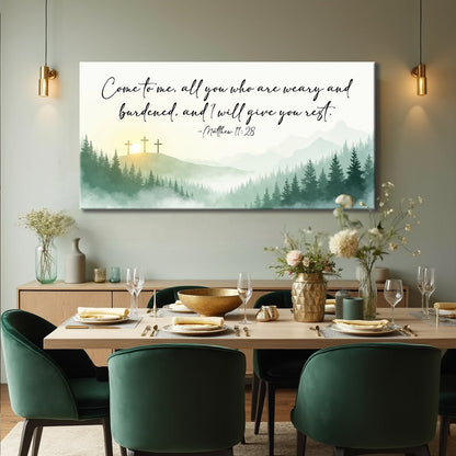 Matthew 11:28 Come to Me Misty Pines canvas shown in a styled room setting, view 3