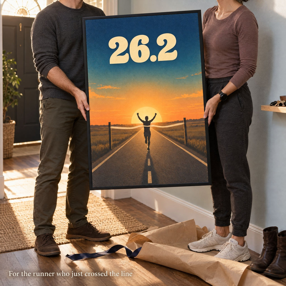 Two people unwrapping the large framed marathon finish line print, a ready to hang gift for a runner who crossed the line