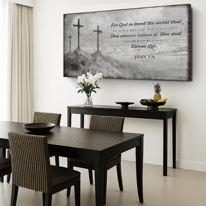 John 3:16 Three Crosses Grey Sign canvas shown in a styled room setting, view 3