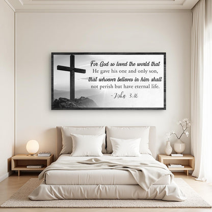 John 3:16 Black and White Cross Sign canvas shown in a styled room setting, view 3