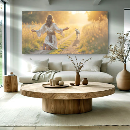 Jesus Kneeling to a Lamb Golden Meadow canvas shown in a styled room setting, view 3