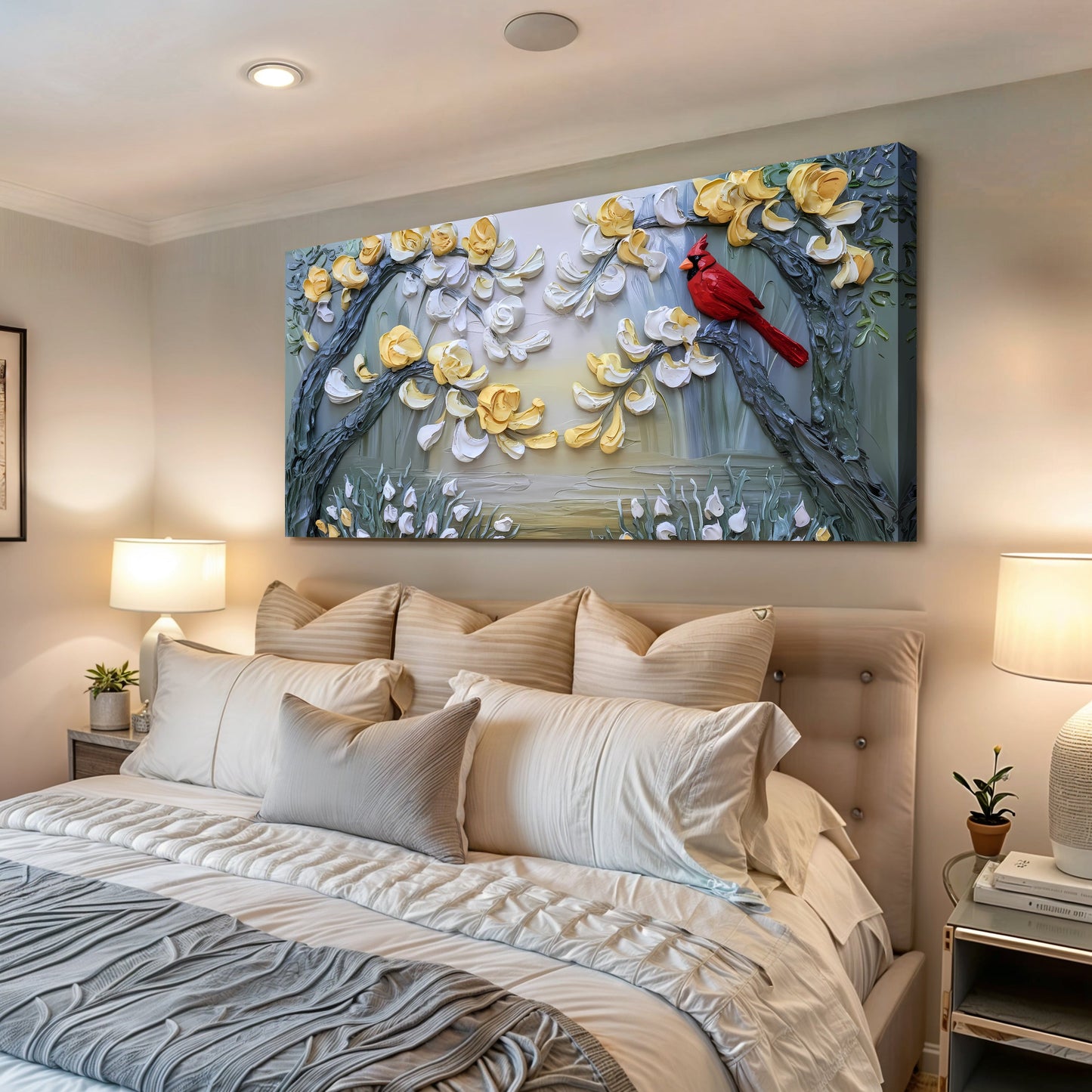 Golden Petals and Scarlet Wings Canvas Wall Art