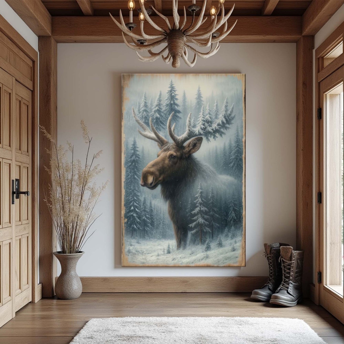 Snowy Forest Moose Double Exposure Canvas Wall Art
