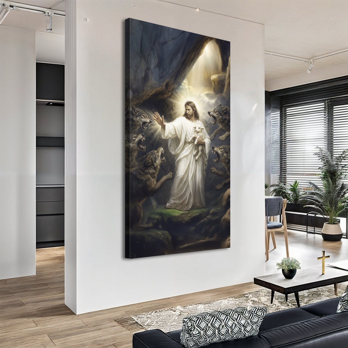 Faith Canvas Print Jesus and Lamb Protected from Wolves
