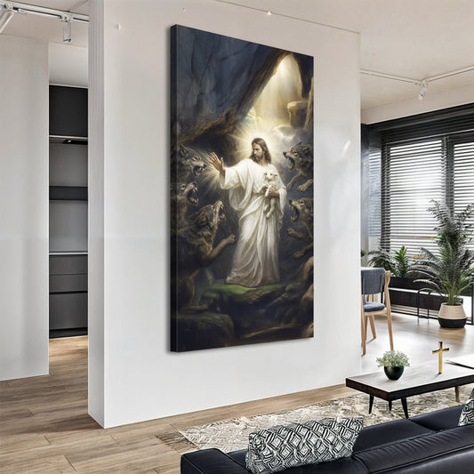 Faith Canvas Print Jesus and Lamb Protected from Wolves