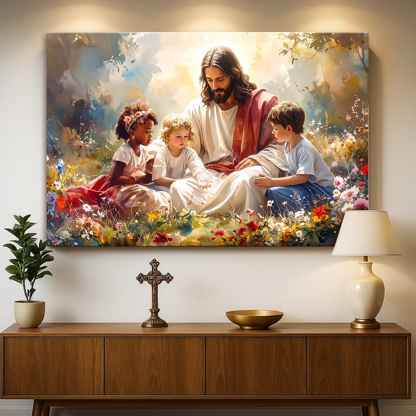 Jesus with children inspirational canvas wall art - gallery wrapped UV-resistant