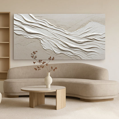 Beige Rolling Waves Minimalist Abstract canvas shown in a styled room setting, view 3