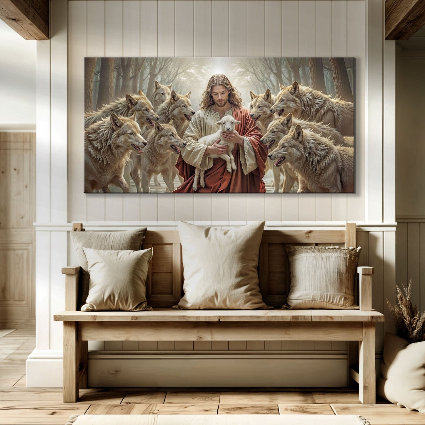 Good Shepherd Protects Lamb Canvas Wall Art Faith