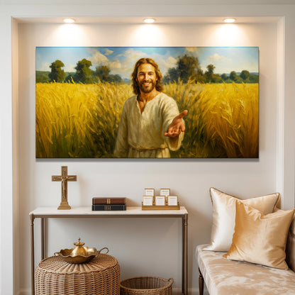 Smiling Jesus in a Golden Wheat Field canvas shown in a styled room setting, view 3