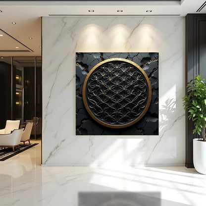 Black Flower of Life in a Gold Ring canvas shown in a styled room setting, view 4