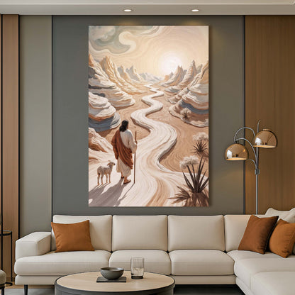 Shepherd and Lamb on a Winding Desert Path canvas shown in a styled room setting, view 5