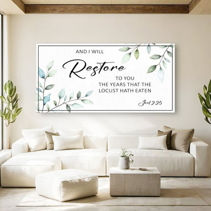 Joel 2:25 I Will Restore Green Leaf canvas shown in a styled room setting, view 3