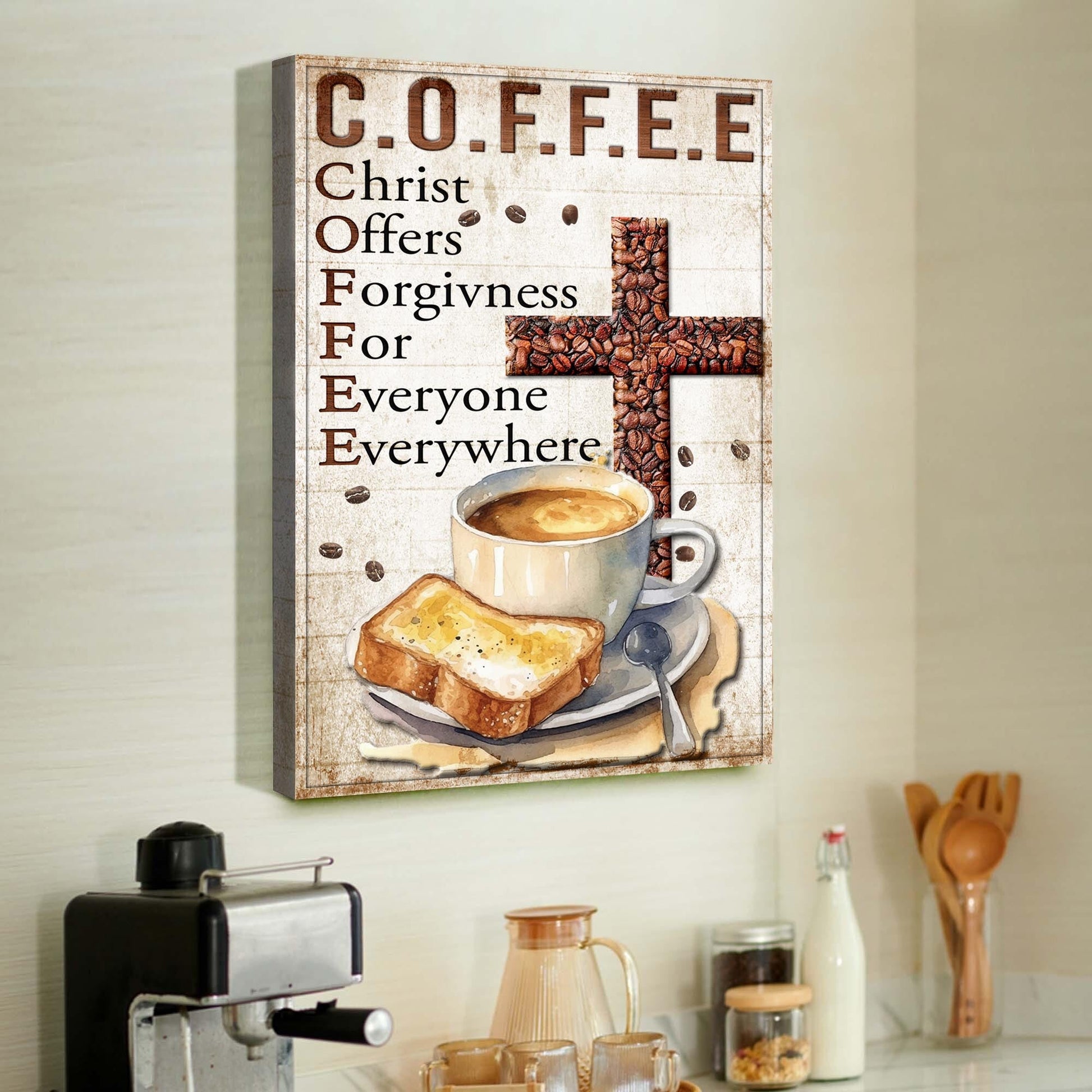 Christ and Coffee IV faith canvas wall art with warm faith and morning routine design